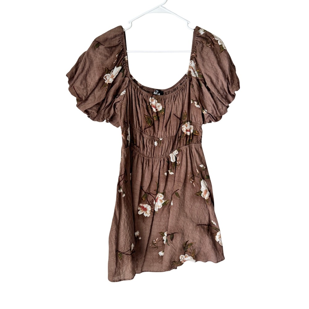 Zula Women Brown Floral Puff Sleeve Smocked Mini Dress HF24A524 Size L